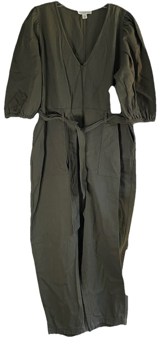 Treasure & Bond Jumpsuit Olive 100% Cotton V-Neck 1X 3/4 Sleeve Belted Front Zip